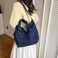 Retro deep blue denim tote bag with contrast stitching and versatile shoulder strap - Dark Blue
