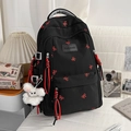 Black school backpack with red butterfly embroidery and cute white plush doll charm - With Charm / Black