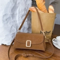 Brown suede crossbody phone bag with rectangular gold metal buckle and dual straps - Warm Camel Brown