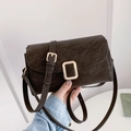 Vintage dark brown textured shoulder bag with a gold square buckle and adjustable strap - Ebony Coffee