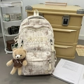 Sac à dos scolaire beige minimaliste avec motif d'étoiles et pendentif ours doux - Avec Pendentif / Blanc