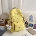 Pale yellow butterfly embroidered backpack with cute plush bear charm for students - With Charm / Yellow