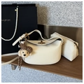 White lychee pattern leather handbag with matching pouch and plush puppy charm - Milk White With Bear Pendant