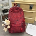 Sac à dos d'école minimaliste à carreaux rouges avec broderie et porte-clés ours mignon - Avec Pendentif / Rouge