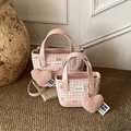 Pink checkered bucket bag set with bow pattern and plush heart charm accessory - Large / Pink