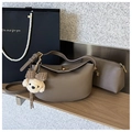 Taupe pebbled leather handbag set with mini zip pouch and cute plush puppy charm - Elephant Gray With Charm