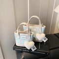 Blue and white checkered bucket bag with pink bow pattern and plush heart charm - Large / Blue