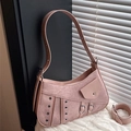 Pink retro suede underarm bag with decorative metal eyelets and rock style zippers - Pink