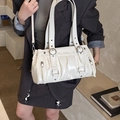 Fashionable cream white pleated tote bag with glossy finish and silver metal accents - White