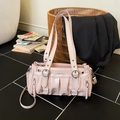 Chic pale pink pleated tote bag with silver metal rings and detachable crossbody strap - Pink