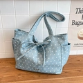 Light blue canvas tote bag with white star pattern and large bow decoration - Light Blue