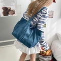 Blue canvas tote bag with white star pattern and decorative drawstring handles - Dark Blue