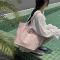 Pink large-capacity leather tote bag with silver rivets and dual shoulder straps - Pink