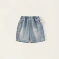 Boys light blue denim shorts with elastic waist and distressed ripped details for summer - 80 / Denim Blue