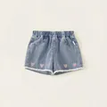 Girls sweet light blue denim shorts with pink sequin hearts and white lace hem - 80 / Denim Blue