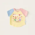 T-shirt gialla in cotone a maniche corte raglan pastello con stampa di orso cartone - 80 / Giallo