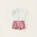Completo estivo da bambina con camicia a quadri con colletto Peter Pan e pantaloncini rosa - 80 / Bianco