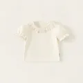 Sweet cream baby girl t-shirt with lace scalloped collar and puff short sleeves - 80 / Beige