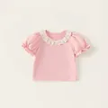 Girls' light pink short sleeve T-shirt with lace ruffle collar and puff sleeves - 80 / Pink