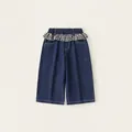 Mädchen dunkelblaue Denim-Hose mit weitem Bein und schwarz-weiß kariertem Rüschenbund - 90 / Blau