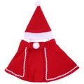 Christmas pet costume set featuring a red fleece cape and hat with white pom-poms - Christmas Pet Hat and Cloak Set