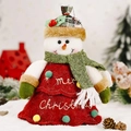 Plüsch-Schneemann-Puppe in rot-kariertem Hut und Kleid vor verschneiter Kulisse - Schneemann