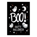 Vertical Halloween banner with 'BOO!' text, ghosts and stars on black background - Garden Flag 03