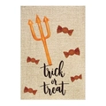 Halloween decorative garden flag with orange trident, candy patterns, and trick or treat text - Garden Flag 05
