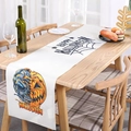 Linen Halloween table runner with blue skull and orange pumpkin split design - Table Runner 01