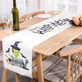 White Halloween table runner with Happy Halloween text and cartoon zombie party motifs - Table Runner 02