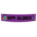 Purple Halloween banner with Happy Halloween text and Frankenstein cartoon graphics - Horizontal Banner 03