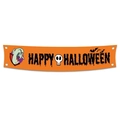 Orange Happy Halloween banner with cartoon vampire, skull, and bat motifs for party decor - Horizontal Banner 04