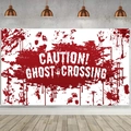 Halloween Ghost Crossing banner with bloody handprints and splatters on white cloth - Poster 01