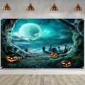 Halloween decorative flag featuring a spooky graveyard scene with pumpkins and large moon - Poster 02