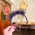 Cerchietto per Halloween in peluche nero con decorazione a zucca arancione e fantasma giallo - Stile Zucca e Fantasma
