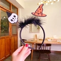 Cerchietto di Halloween con piume nere, teschio e cappello da strega arancione per festa - Stile Teschio e Cappello da Strega