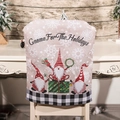 Housses de chaise de Noël en lin avec gnomes et bordure à carreaux noirs et blancs - Housse de Chaise Carreaux Noir Blanc