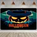 Halloween Party backdrop with glowing pumpkins, bats and witch hats on black fabric - Poster 05