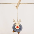 Adorno navideño de reno con pompón gris y cabeza de madera colgado en cuerda de yute - Gris