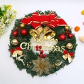 Christmas wreath with red velvet bow, gold bells, and Merry Christmas sign for door decor - Double Bell Style