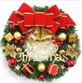 Christmas wreath with Merry Christmas sign, red bow, golden bells, and colorful ornaments - Double Bell Gift Pack Style