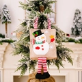Christmas burlap gift bag with snowman applique and striped dangling legs decoration - Striped Hanging Leg Tote Bag Snowman Style