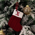 Red knit Christmas stocking with white cuff and embroidered letter X on tree - Style X (Red Knit Embroidered X)