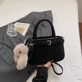 Classic black crossbody bag in matte texture with cute plush bunny charm detail - With Charm / Black