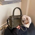 Dark green matte leather crossbody bag with adjustable strap and grey bunny charm - With Charm / Green