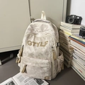 Grote beige camouflage schoolrugzak met GTYLF-logo en bruine lederen details afwerking - Witte Rugzak
