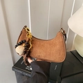 Brown suede hobo underarm bag with vintage moon shape and unique beaded charm - Brown with Pendant