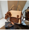 Retro two-tone crossbody bag in beige and brown leather with cute bear charm detail - With Charm / Off White Patchwork