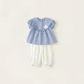 Toddler girl summer set with blue checkered ruffle top and white bloomers pants - 80 / Top And Bottom / Blue Plaid
