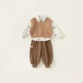 Set bambino 3 pezzi con camicia stampa orso, gilet marrone e pantaloni cargo in cotone - 80 / Cachi